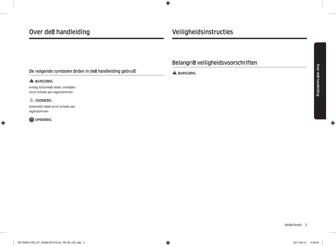 Samsung NV75K5571RM/EF manual Over deze handleiding, Veiligheidsinstructies, Nederlands  